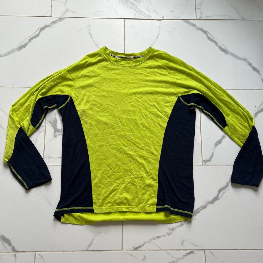 Smartwool Mens Long Sleeve Neon Yellow Navy Blue Sz Large - Picture 1 of 6